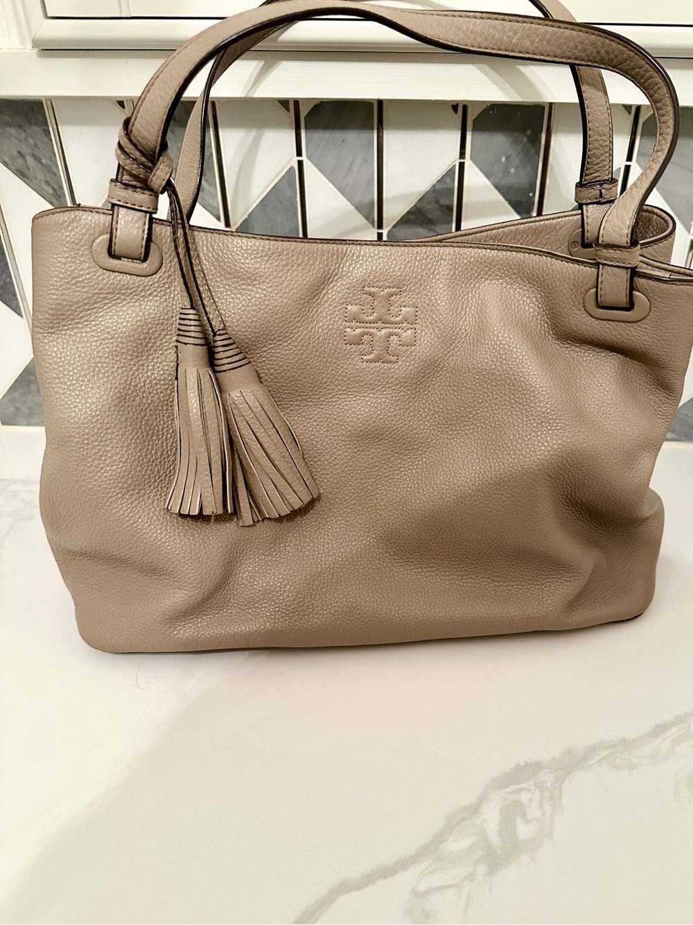Tory Burch Thea Pebbled Leather Tote Tassel Shoulder Bag in Taupe Gray